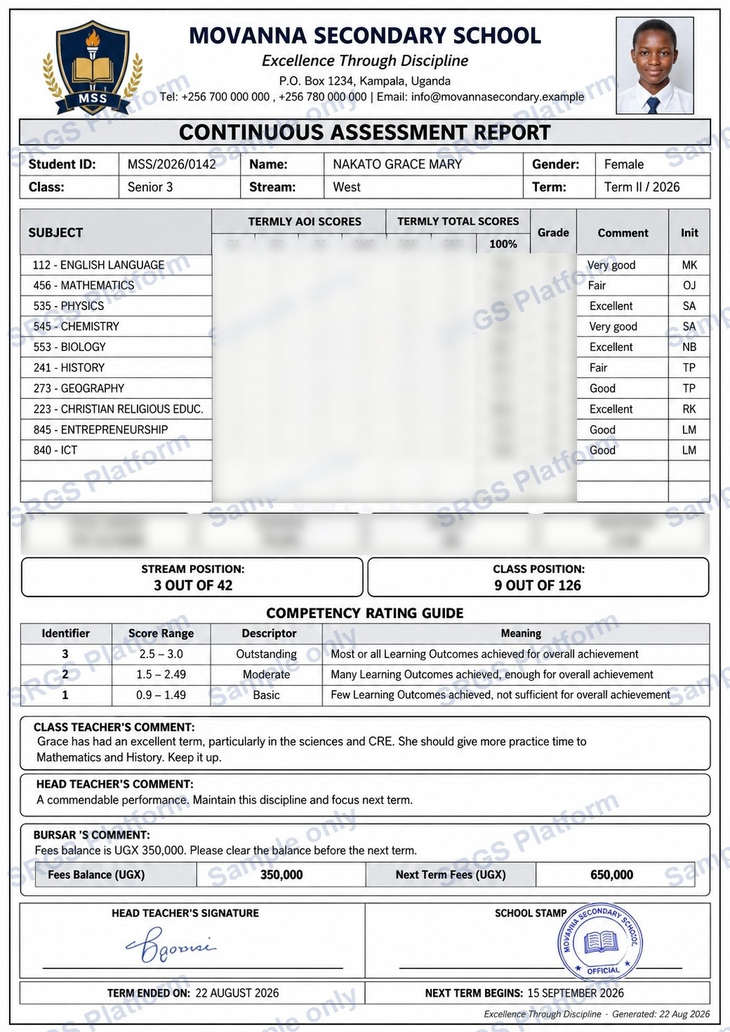 Preview of a term report card with a learner photo, subject marks and grades